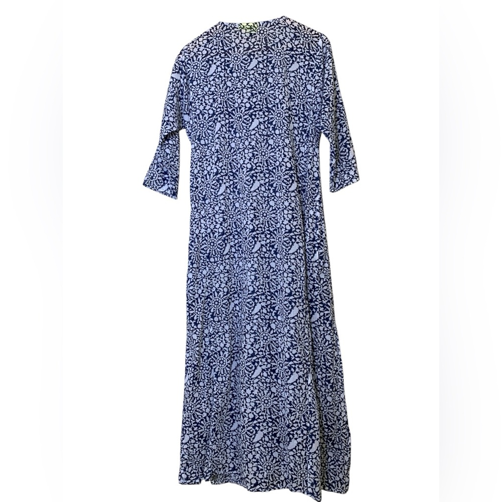 Roller Rabbit Navy‎ Damask Print Long Sleeve Maxi Dress Cover-Up Boho Size M - Picture 3 of 7
